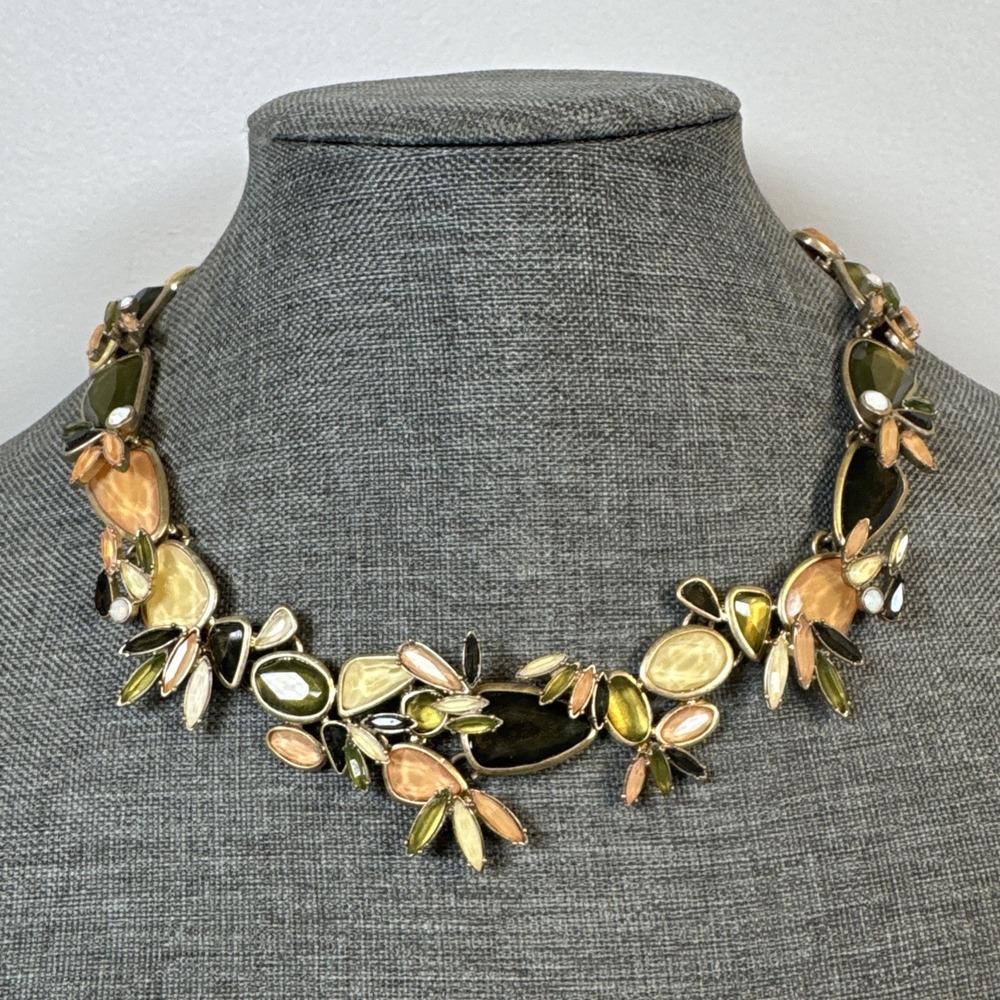 Ann Taylor Loft Peach Pink Green Stone Chunky Choker Bib Statement Necklace 16"
